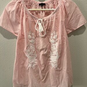 Talbots Pink Smocked Short Sleeve Blouse. Pink w/ white embroidered floral